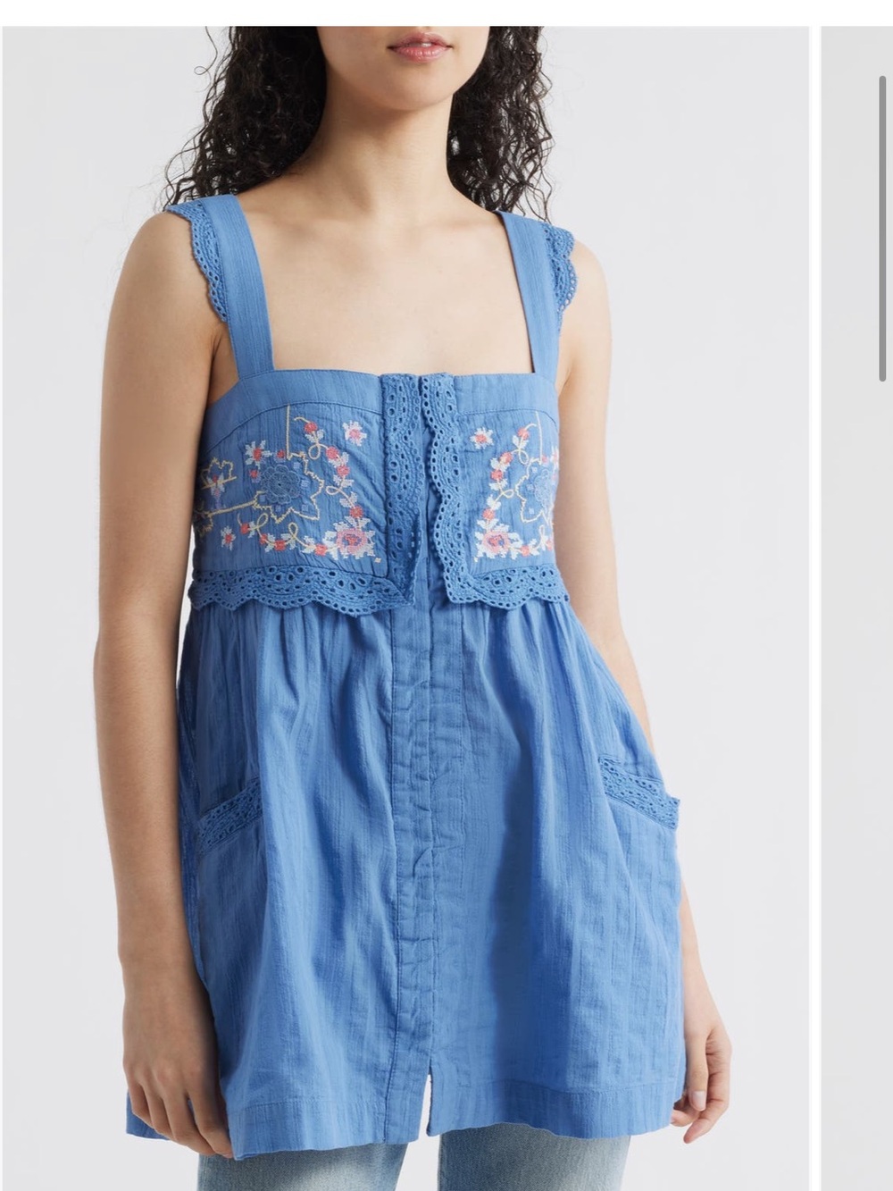 Free People Blue Embroidered Square-Neck Camisole
